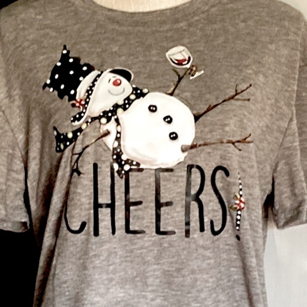 Christmas Snowman Cheers Print T-shirt Casual Short Sleeve Crew Neck Gray 8/10 - Picture 7 of 12